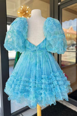 Party Dress Boho, Blue Puff Sleeves Ruffles Babydoll Homecoming Dress with Bow