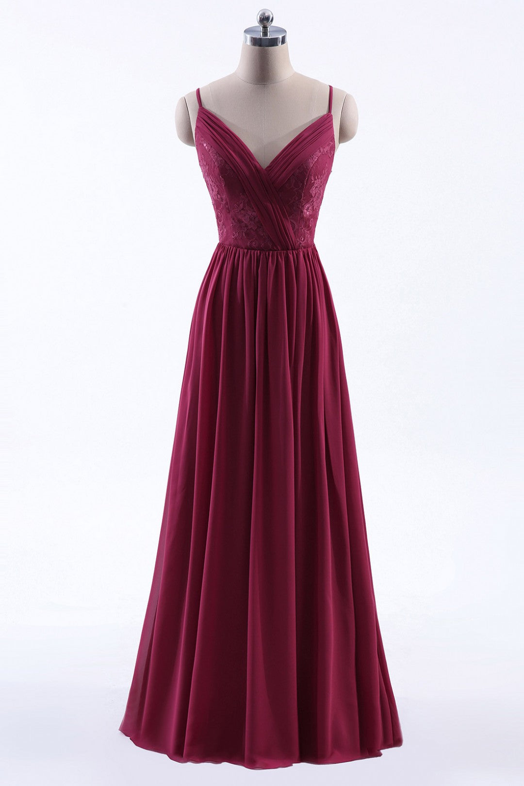 Evening Dresses With Sleeves, Wine Red Chiffon A-line Long Pleated Bridesmaid Dress