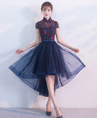 Formal Dress Long Sleeve, Blue Tulle Lace High Low Prom Dress, Blue Homecoming Dress