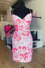 Bachelorette Party, Pink Sequins Flower Print Lace-Up Mini Cocktail Dress