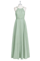 Prom Dresses For Curvy Figure, Sage Green Chiffon Halter A-Line Long Bridesmaid Dress