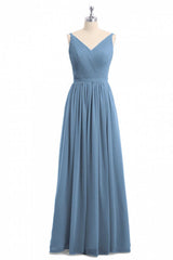 Prom Dress Spring, Simple Dusty Blue V-Neck Backless A-Line Long Bridesmaid Dress