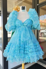Party Dress Set, Blue Puff Sleeves Ruffles Babydoll Homecoming Dress with Bow