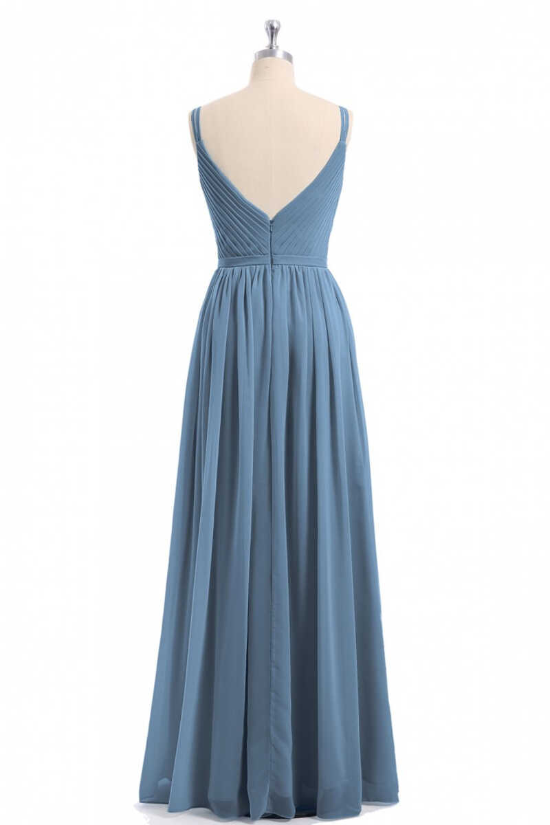 Prom Dresses Spring, Simple Dusty Blue V-Neck Backless A-Line Long Bridesmaid Dress