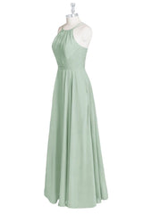 Prom Dresses Long Mermaid, Sage Green Chiffon Halter A-Line Long Bridesmaid Dress