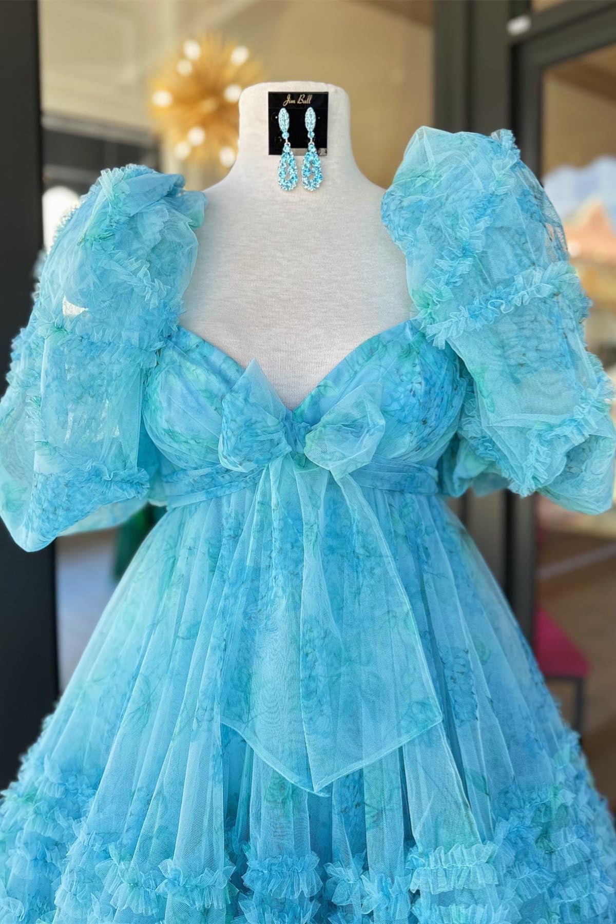 Party Dress Meaning, Blue Puff Sleeves Ruffles Babydoll Homecoming Dress with Bow