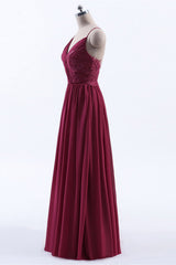 Evening Dresses Formal, Wine Red Chiffon A-line Long Pleated Bridesmaid Dress