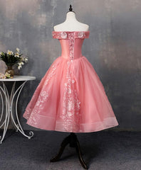 Vintage Dress, Pink Tulle Lace Off Shoulder Short Prom Dress, Pink Homecoming Dress