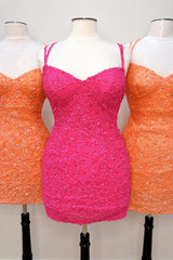Party Dresses Long Sleeved, Orange Sequins Double Straps Sheath Homecoming Dress