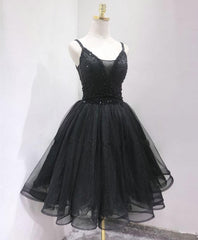 Evening Dresses For Wedding, Black Tulle Beads Short Prom Dress, Black Homecoming Dress