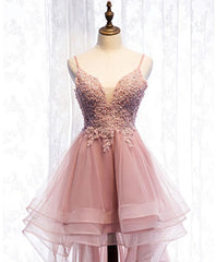 Fairytale Dress, Pink Tulle Lace High Low Prom Dress, Pink Homecoming Dress, 1