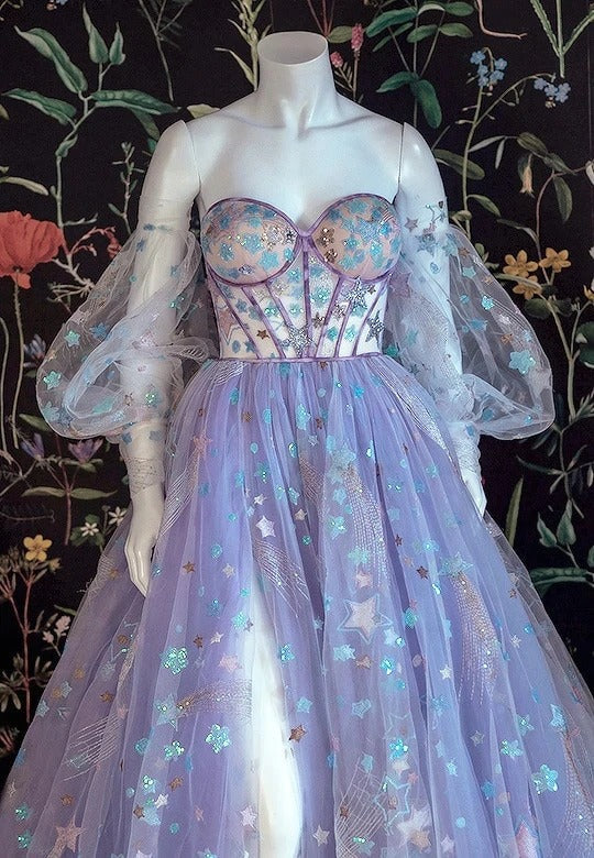 Party Dress Australia, Light Purple A-line Tulle Floral Off Shoulder Sweetheart Evening Prom Dresses