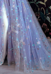 Party Dresses With Sleeves, Light Purple A-line Tulle Floral Off Shoulder Sweetheart Evening Prom Dresses