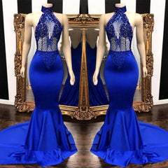 Flower Girl, 2024 High Neck Beaded Mermaid Royal Blue Prom Dresses
