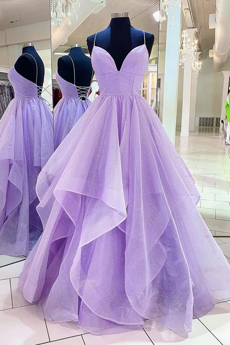 Prom Dress 06, Purple V Neck Sleeveless A Line Tulle Sequin Prom Dresses