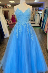Party Dress After Wedding, Blue Tulle Appliques Lace-Up Back A-Line Prom Dress