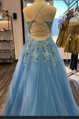 Party Dresses Classy Christmas, Blue Tulle Appliques Lace-Up Back A-Line Prom Dress