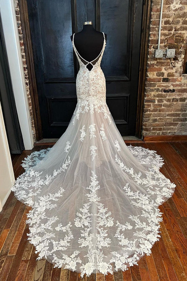 Wedding Dresses Website, Elegant V Neck Mermaid Lace Appliques Wedding Dresses