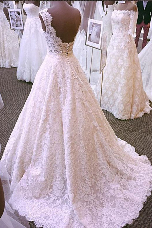 Wedding Dresses For Big Bust, Chic Round Neck Open Back A Line Sleeveless Lace Appliques Wedding Dresses