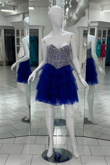 Bridesmaid Dress Color Scheme, Royal Blue Beaded Top A-line Multi-Layers Homecoming Dress