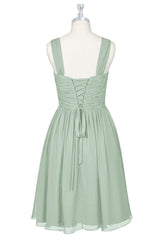 Prom Dress Blue Long, Sage Green Chiffon Lace-Up Short Bridesmaid Dress