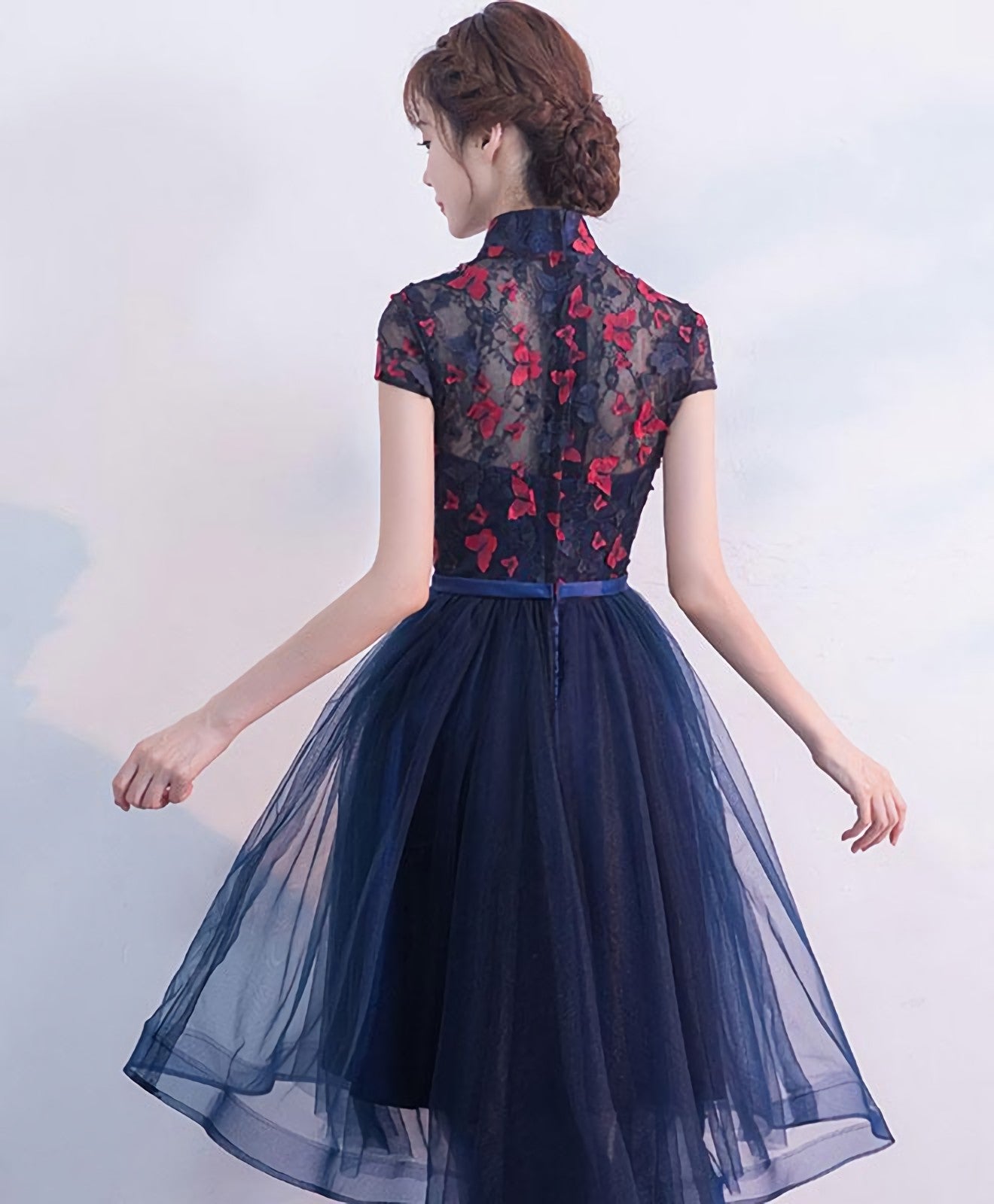 Formal Dress Long Sleeved, Blue Tulle Lace High Low Prom Dress, Blue Homecoming Dress