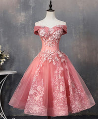 Classy Prom Dress, Pink Tulle Lace Off Shoulder Short Prom Dress, Pink Homecoming Dress