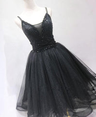 Evening Dress Wholesale, Black Tulle Beads Short Prom Dress, Black Homecoming Dress