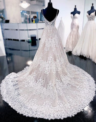 Wedding Dresses Ball Gowns, A-Line Spaghetti Straps Court Train Wedding Dress With Appliques