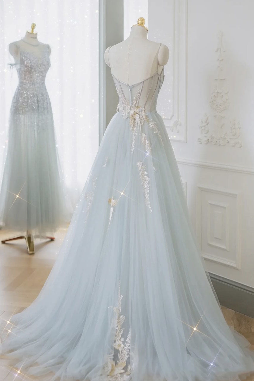Prom Dresses Outfits Fall Casual, A-Line Tulle Lace Appliques Sweetheart Long Prom Dress, Strapless Evening Dress