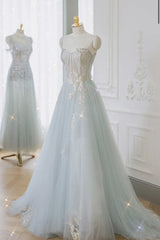 Prom Dress Green, A-Line Tulle Lace Appliques Sweetheart Long Prom Dress, Strapless Evening Dress