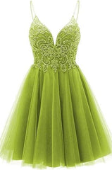 Prom Dress Outfit, A-line Straps Appliques Tulle Short Homecoming Dress