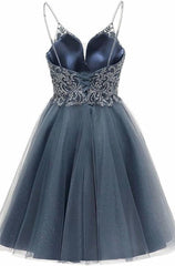 Prom Dress With Long Sleeves, A-line Straps Appliques Tulle Short Homecoming Dress
