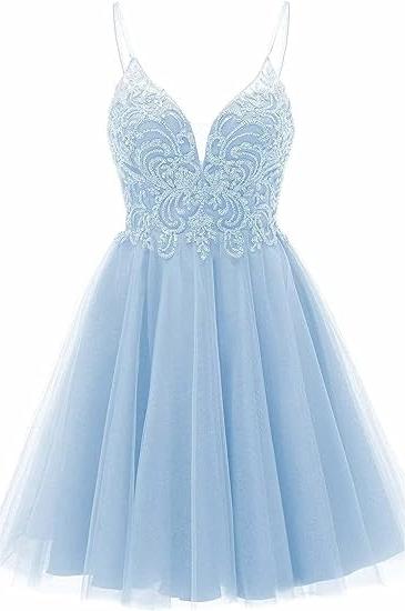 Prom Dress Casual, A-line Straps Appliques Tulle Short Homecoming Dress