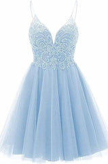 Prom Dress Casual, A-line Straps Appliques Tulle Short Homecoming Dress