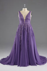 Prom Dress With Slits, A-line V-Neck Lace Appliques Long Prom Dress
