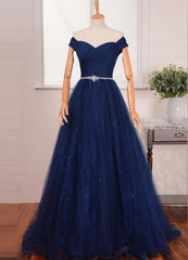 Fall Wedding Ideas, 2024 Blue Floor-Length/Long A-Line/Princess Off-the-Shoulder Beading Tulle Prom Dresses