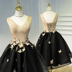 Prom Dresses Patterned, A Line Black V Neck Lace Up Homecoming Dresses, Sleeveless Prom Dress With Butterfly