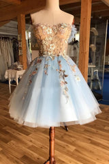 Formal Dress Styles, A Line Light Blue Off The Shoulder Above Knee Homecoming Prom Dress, With Appliques
