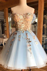 Formal Dresses Style, A Line Light Blue Off The Shoulder Above Knee Homecoming Prom Dress, With Appliques