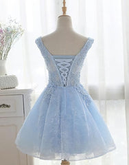 Prom Dress Types, Light Blue Cute V Neckline Lace Short Party Dress, Lace Formal Dress, Lace Party Dresses, B0622