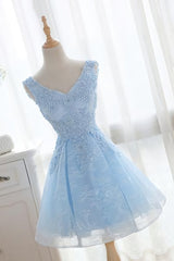 Prom Dress Classy, Light Blue Cute V Neckline Lace Short Party Dress, Lace Formal Dress, Lace Party Dresses, B0622