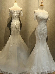 Wedding Dresses Shopping, Mermaid Off Shoulder Sleeveless Lace Beading Watteau Train Wedding Dresses