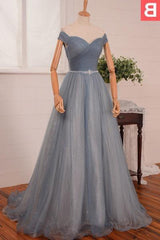 Wedding Inspiration, 2024 Blue Floor-Length/Long A-Line/Princess Off-the-Shoulder Beading Tulle Prom Dresses