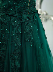 Prom Dresses Lace, Dark Green V-neckline Lace Long Beaded Prom Dress, Dark Green Party Dress