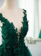 Prom Dress With Pockets, Dark Green V-neckline Lace Long Beaded Prom Dress, Dark Green Party Dress