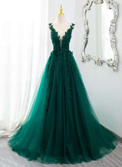 Prom Dress Ball Gown, Dark Green V-neckline Lace Long Beaded Prom Dress, Dark Green Party Dress