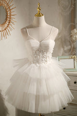 Party Dress Sleeves, Ivory Spaghetti Straps Sequins Ball Gown Lace Appliques Short/Mini Homecoming Dresses