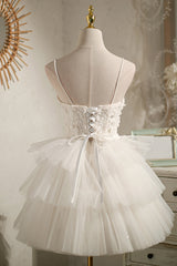 Party Dress With Sleeves, Ivory Spaghetti Straps Sequins Ball Gown Lace Appliques Short/Mini Homecoming Dresses