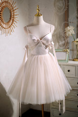 Bridesmaid Dress Floral, Chic Champagne Beading Bowknot Lace Up Short Homecoming Dresses